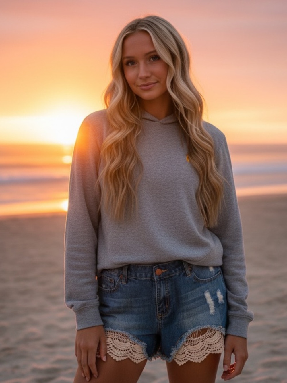 Women's Gray-Blue Denim Shorts with Lace Trim